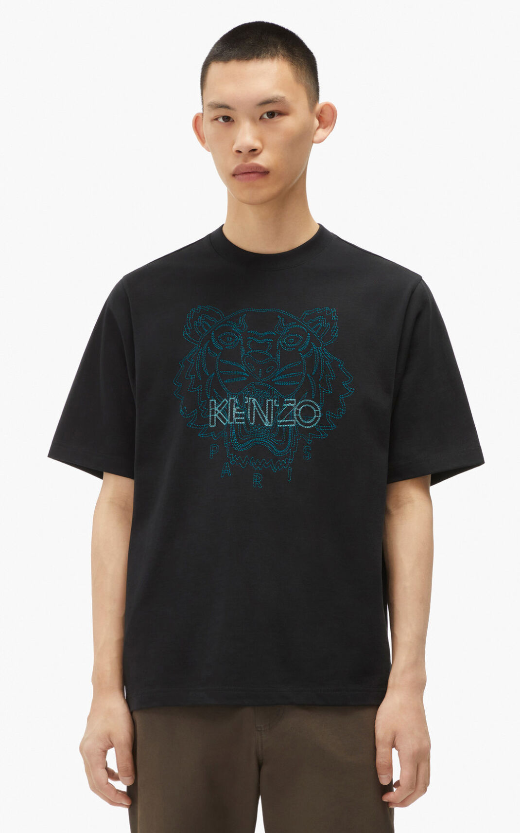 Kenzo Tiger loose fitting Camisetas Hombre Negras | 7062918-HL